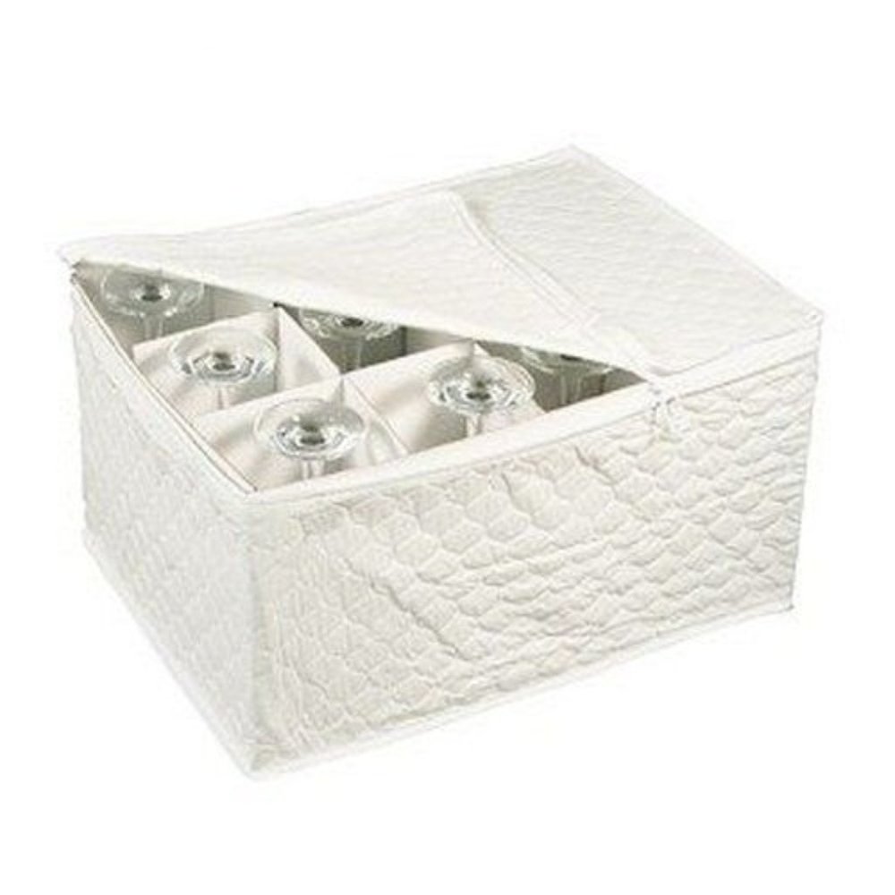 Quilted Stemware Chest Soft Storage White Zippered Cushion Protects 12 G…